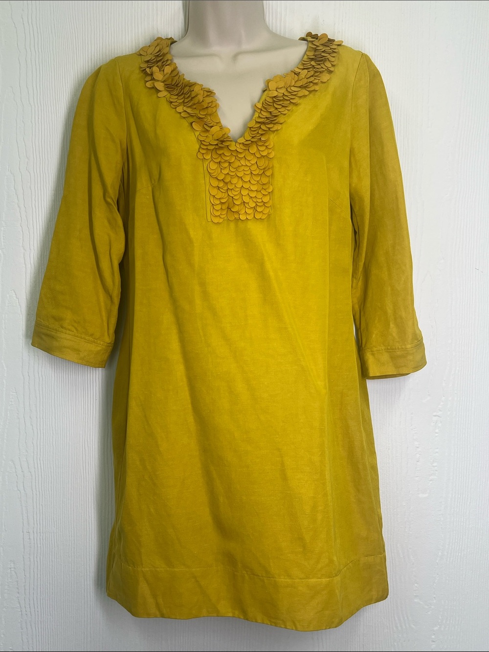 Boden - Vintage Mustard Embellished V Neck Linen Silk Blend Mini Dress Size 4